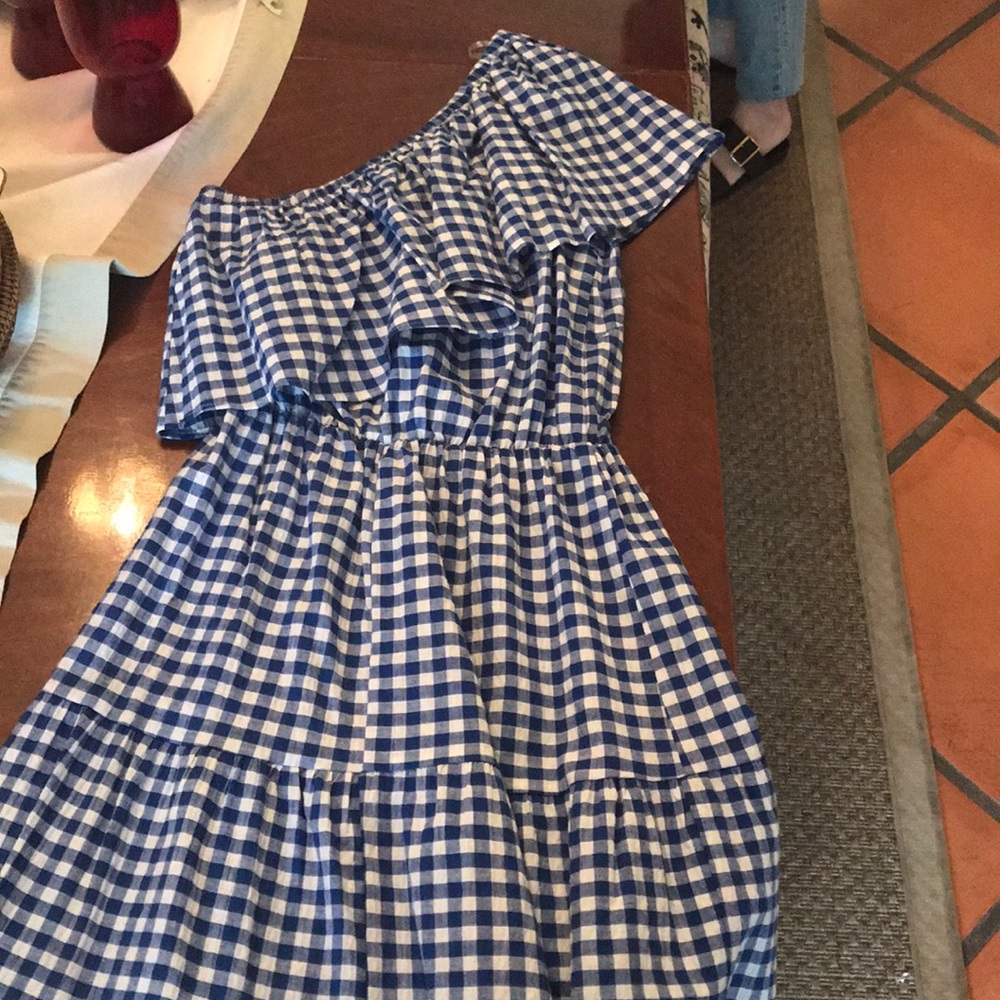 Blue Gingham One Shoulder Dress
